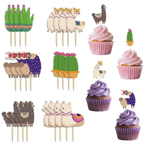 24 Stück Alpaka Lama Kaktus Cupcake Dekoration, Kindergeburtstagskuchen Dekoration Tiermotiv Tortenaufleger Tortendeko Geburtstag für Party Backen Babyparty Tischdekoration