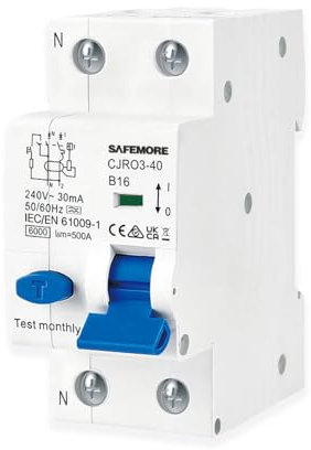 Interruttore differenziale RCBO 16A 1P+N - Tipo A 30mA Curva B - Protezione 6kA - Interruttore FI Elettromagnetico - Interruttore differenziale ad alta sensibilità B16- per circuiti