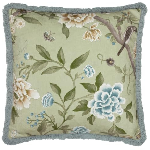 Sanderson Porcelain Garden Feather Filled Cushion – Chenille Peony Bird Decorative Accent Pillow with Cotton Fringe (Sage - 50x50cm)