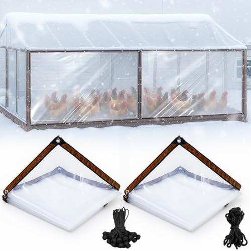 VitalCozy Hühnerstallabdeckung, 4,4 x 2 m, wasserdicht, transparent, strapazierfähig, PVC-Vinyl, Hühnerstall, Zubehör für den Außenbereich, Winter, mit 30 Kugelspannschnüre, 2 Stück