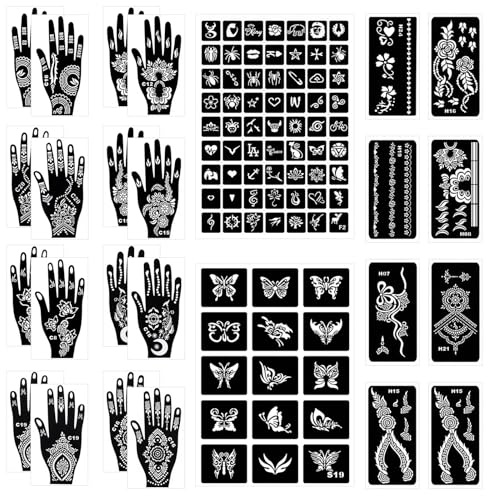 FrostyFlair Henna Tattoo Schablonen, 18 Blatt Glitzer Tattoo Set für Kinder & Erwachsene, Schablonen für Hände, Kinderschminken Set