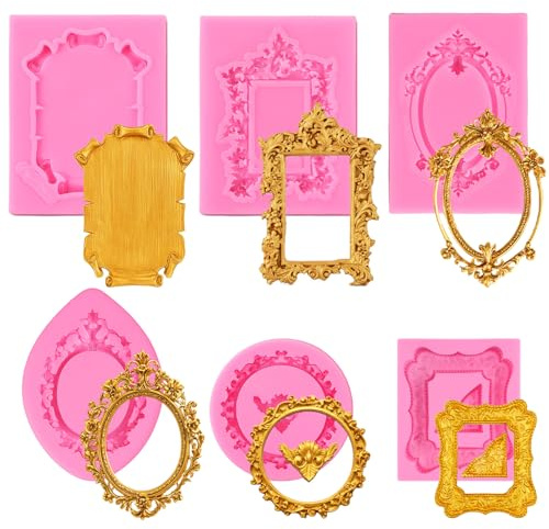 6PCS Chocolate Molds Silicone Picture Frame Mold, Baroque Style Mini Air Dry Polymer Clay Mold, Vintage Photo Frame Molds for Crafts Cupcake Topper Cake Decoration Chocolate Candy(Pink)