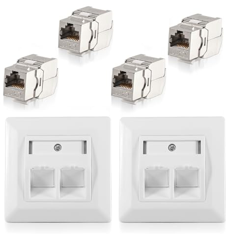 Silkwish 2 prese di rete CAT 7 da incasso + 4 moduli CAT 7 Keystone RJ45 – LAN Ethernet Keystone presa da incasso max. 10 Gbps STP, bianco