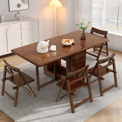 Space Saving Folding Table and Chairs Set 130CM Drop Leaf Dining Table | Fully Assembled;Storage for Up to Four Dining Chairs;Two Drawers;360-Degree Swivel Castors;Ideal For Compact UK Homes