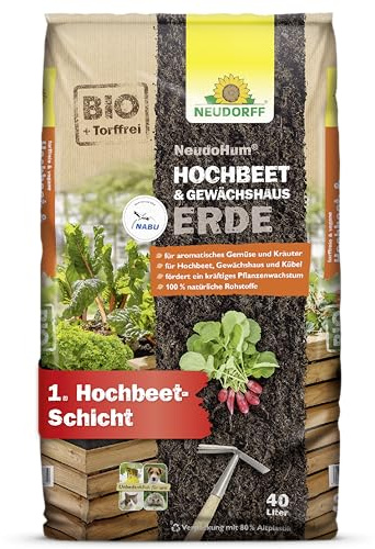 Neudorff NeudoHum Hochbeet- & GewächshausErde 40 L – Torffreie Bio Hochbeeterde für leckeres Gemüse und Obst sowie aromatische Kräuter– Für 4 Wochen vorgedüngt