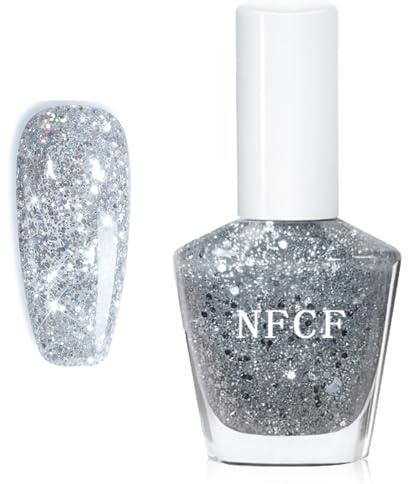 Silver Glitter Nail Polish Varnish, With Diamond Flash Sparkle, Quick Dry & Long Lasting Sparkly Nail Paint for Women