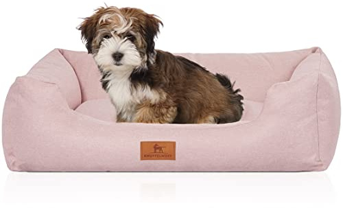 Knuffelwuff Hundebett Emma aus Velours mit feinem Handwebcharakter in Pastellfarben S 70 x 50cm Rosa - Abnehmbarer Bezug - leicht zu reinigen - für große, mittelgroße und kleine Hunde