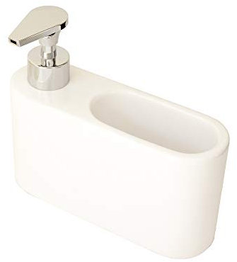 Kook Time Dispensador jabón Cocina Blanco - jabonera Cocina con Guarda estropajos Fregadero - Apto para Cocina o como dosificador baño con Esponja - Cerámica Color Blanco - 18 x 6 x 15.8 cm.