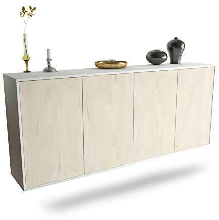 Dekati Sideboard Lakewood hängend (180x77x35cm) Korpus Weiss matt - Front Holz-Design Zeder - Push to Open