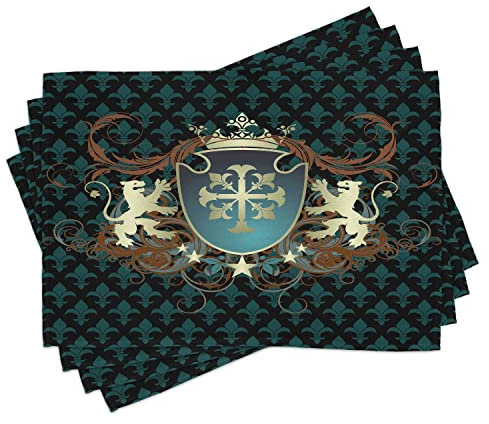 ABAKUHAUS Mittelalterlich Platzmatten, Heraldisches Design aus dem Mittelalter Wappen Krone Lions und wirbelt, Waschbare Stoff Esszimmer Küche Tischdekorations Digitaldruck, Schwarz Teal