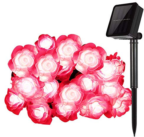 SUAVER Solar Lichterkette, Wasserdicht 50LED Rose Lichter Außen Blumen Garten Licht Außenlichterkette,LED Lichterketten für Garten,Terrasse,Zuhause,Weihnachtsdeko und Partys (Rot)