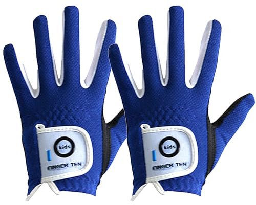 FINGER TEN Golf Gloves Kids Rain Grip 2 Pack | Left or Right Hand, Durable Wear Resistant Palm, Breathable Lightweight Fit, Color in Blue Red Yellow White