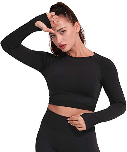 Yaavii Damen Sport Laufshirt Longsleeve T-Shirts Bauchfrei Langarm Crop Top Fitness Oberteile Schwarz S