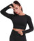 Yaavii Damen Sport Laufshirt Longsleeve T-Shirts Bauchfrei Langarm Crop Top Fitness Oberteile Schwarz S