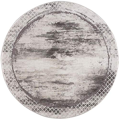 carpet city Teppich Grau Meliert Wohnzimmer - 120 cm Rund - Bordüre, Rauten Muster - Moderne Teppiche Kurzflor
