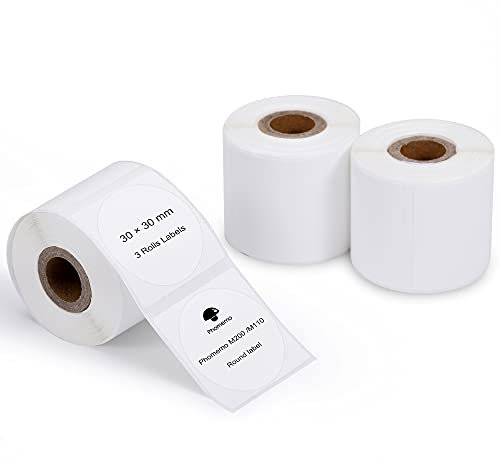 3 Rolle Phomemo M110 Rundes Etikett,selbstklebendes Thermoetikett,für Phomemo M200 M110 M120 M220, 30x30 mm (1,18 ”x 1,18”) Namensschild,Produktetikett,200 Etiketten/Rolle,(3 Rolle rundes Etikett)