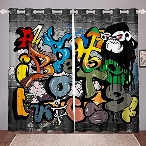 Homemissing Hip Hop Vorhänge für Schlafzimmer Wohnzimmer Bunte Graffiti Gedruckt Fenstervorhang 245x140cm für Kinder Jungen Karikatur Alphabet Gedruckt Blickdichte Vorhänge Straße Hipster 2 Paneele