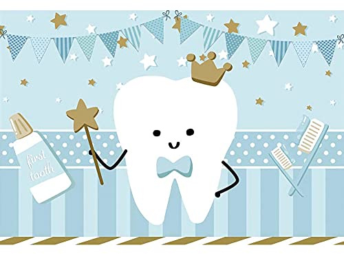 DORCEV 9x6ft First Tooth for Boy Backdrop Cute Milk Tooth Blue Pennants Toothpaste Toothbrush Banner for 1st Tooth Party Photography Background Birthday Baby Shower Party Banner Cake Table Banner