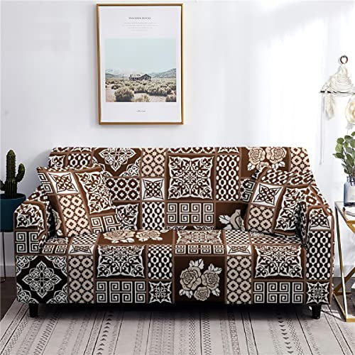 ZAHHYG Sofaüberwurf Brauner Ethno-Stil Sofabezug Sofa Überzug Stretchy Couchbezug Sofa Bezug Ecksofa Überwurf Sofabezüge Antirutsch Sofahusse Jacquard Sofaüberzug 2 Places (145cm-185cm)