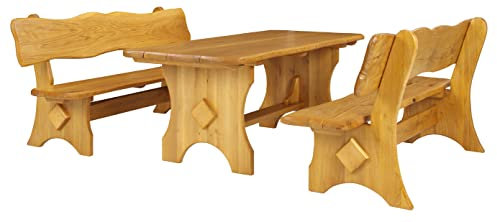 Aresso Gartenmöbel-Set „Bayern“ aus deutschem Eichenholz, Gartengarnitur 1 x Tisch + 2 x Sitzbänke mit Rückenlehne, belastbar bis zu 800 kg (Tisch) und 600 kg (Holzbank), vollständig montiert