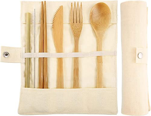 NED Couverts en Bambou Ustensiles en Bambou Ensemble de Couverts Réutilisables Ustensiles de Voyage en Bambou Comprend Baguettes Réutilisables Fourchette Cuillère Couteau Pailles Brosse pour Camping R