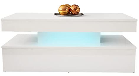 Mirjan24 Couchtisch Serkuzo 120, Sofatisch mit Blauer LED-Beleuchtung, Tee Tisch, Kaffeetisch, Wohnzimmertisch, Beistelltisch (Weiß/Weiß Hochglanz)
