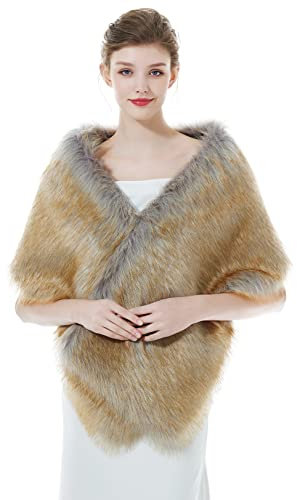 BEAUTELICATE Kunstpelz Schal Stola Damen Bolero Wrap Pelz Brautschal Brautstola Frauen für Hochzeit Braut Festlich (Langes Fell - Braun & Grau)