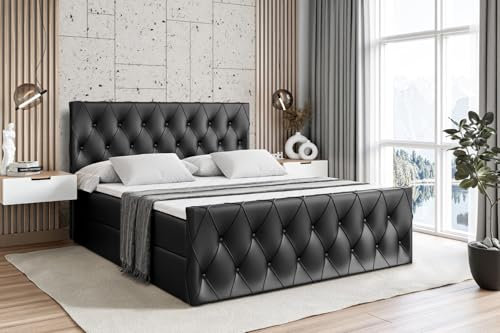 ALTDECOR Boxspringbett mit Matratze und Lattenrost, Boxbett, Fußteil, Topper, Polsterbett mit Bettkasten, Bett mit Stauraum H3-Matratze, Doppelbett - Amay - 140x200 - Schwarz Kunstleder