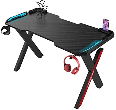 Brigros WeHome - Scrivania Gaming LED RGB, Scrivania Da Gioco Desk Per Laptop Pc, Tavolo Gioco, Scrivania Per Computer E Gaming In Mfc E Superfizie Effetto Fibra Di Carbonio (140x60x75 cm, Black)