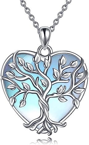YAFEINI Mondstein Kette Baum des Lebens Anhänger Lebensbaum Halskette 925 Sterling Silber Herz Mondstein Schmuck für Damen Mädchen