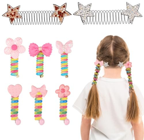 6st Spiralförmige Haargummis, Telefondraht Haarbänder und 2 Stern Haarkämme Telefonkabel Haargummis Halter Geflochtene Schleife Dehnbare Haarspiralen für Frauen und Mädchen