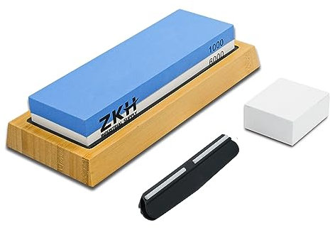 ZKH Schleifstein Abziehstein, Wetzstein für Professionell 2-in 1 Doppelseitiger Messerschärfer, Körnung 1000/6000, Schleifstein Set mit Silikonhalte&Abflachungsstein für Küche Messer