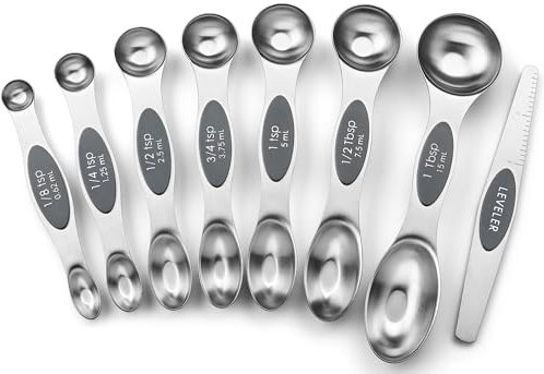 Spring Chef Stainless Steel Magnetic Measuring Spoons Set of 8 with Leveler, Dual Sided Metal Teaspoon & Tablespoon Measuring Spoons - Kitchen Gadgets For Baking and Cooking, Gray