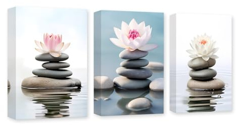 CXHOSTENT 3 Panels Zen Leinwand Wandkunst Zen Stein Lotusblume Bilder Spa Gemälde Druck Meditation Geist Badezimmer Dekor Rahmen (Zen - 3, 28x35cmx3Pcs)