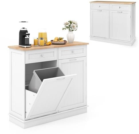 KOMFOTTEU Aparador de Cocina, Armario con Soporte para Botes de Basura 42 L, Mueble de Madera de Caucho con 2 cajones y Estante Ajustable, Mueble Cómoda para Papelera, 100 x 35 x 90,5 cm (Blanco)