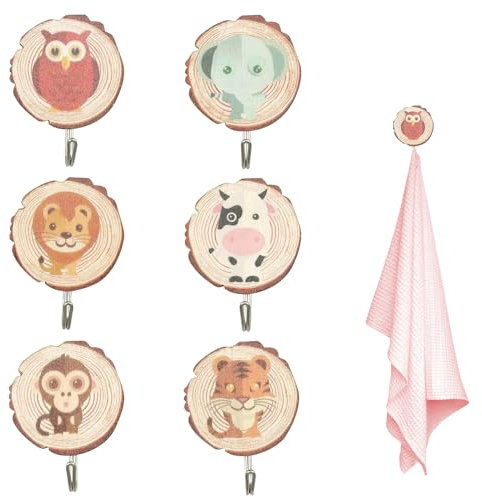 GUOYOU 6 Pcs Kids Coat Hooks, Self Adhesive Cute Cartoon Wall Mounted Hooks, Animal Wooden Wall Coat Hook Without Drilling, Coat Hook, Children's Peg Gag for Towel Clothes Scarf Hat Bag Backpacks Key