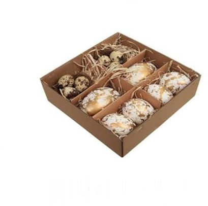 12 tlg Osterset - Ostereier Wachteleier Nester - weiss gold farben natur braun o939 - Eierset Tischdeko Hühnereier ausgeblasen Osterdeko Eier Ostern Dekoration Basteln Osterschmuck Osternest Vogelnest