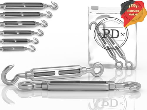 PD® Spannschloss M10 Edelstahl A4 (Haken-Öse) | Seilspanner Edelstahl ROSTFREI | Drahtseil Spanner mit Spannschraube | Drahtspanner Spannhaken für Segel Befestigung, Wäscheleine & mehr | 10 Stück