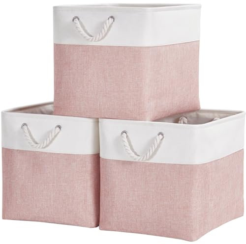 Mangata Fabric Storage Boxes, 28x28x28cm Storage Baskets Storage Cube Boxes for Organizing Clothes Shelf Nursery Home Closet(Pink/White, Set of 3)