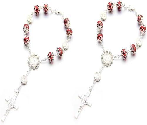 2-Pcs Auto Rosenkranz Rückspiegel Auto Rosenkranz Hängen Personalisierte Auto Kreuz Segen Katholische Auto Medaille für LKW Fahrrad Motorrad Auto Spiegel Hängen Zubehör Innenausstattung (Rot)