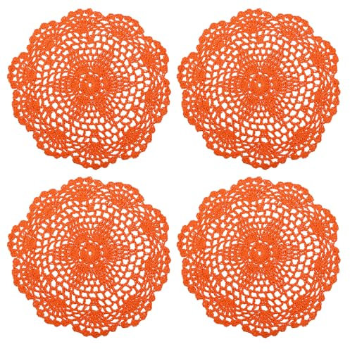 QUARKZMAN Häkeln Deckchen 4Stk 8 - Handgefertigt Häkeln Baumwolle Untersetzer Rund Spitze Tischsets mit Blumen Mustern für Hochzeit Party Dekoration (Orange)