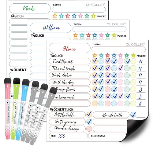 BIROYAL 3er Belohnungstafel Kinder mit 6 Stifte, 22x22cm Magnetisch Aufgabenplaner Kinder Abwischbar, Haushaltsplan Mädchen Jungen, Tagesablauf, to Do List Board für Kühlschrank