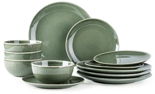 AmorArc Ceramic Dinnerware Sets for 4, 12 Pieces Handpainted Plates and Bowls Set, Scratch Resistant Stoneware Dishes Set, Dishwasher & Microwave Safe, Jade Green