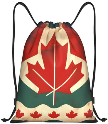 WURTON Vielseitiger Rucksack mit Kordelzug, Motiv: Kanada-Flagge, leicht, wasserdicht, Polyester, Fitnessstudio, Reisen, Schwarz, Medium
