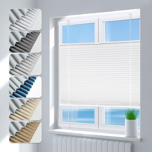 Deswell Plissee ohne Bohren Verdunkelung Klemmfix Verdunklungsplissee B35 x H100 cm Weiß, 100% Blickdicht lichtundurchlässig Thermo Plissee Faltrollo Sichtschutz Sonnenschutz für Fenster Tür