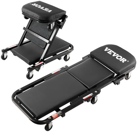 VEVOR Werkstatt Rollbrett Montagerollbrett Werkstatthocker 2 in 1 Montageliege 1016 mm lang, rollender zusammenklappbarer Mechanikerrollstuhl mit 6 Universalrädern gepolstertem Sitz, für die Garage