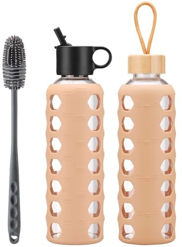 BLUEGO Glass Water Bottle, 700ml Borosilicate Drinking Bottle with 2 Lids-Handle Flip Straw Lid&Bamboo Lid, Motivational Water Bottle with Time Marker and Silicone Sleeve, Leakproof, Amber
