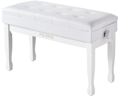 FILISITE Adjustable Height Piano Bench with Storage, Solid Wood Duet Keyboard Stool, Waterproof Padded Seat Cushion, Multi-Use Bench for Piano, Vanity, Living Room, Bedroom XJ750-4(White)