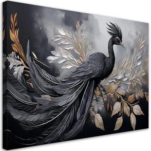 Feeby Wandbilder - Bilder Schlafzimmer - Pfau Vögel Tiere Glamour - 120x80 cm XXL 1tlg - Wohnzimmer Bild Groß - Wohnungs - Foto Geschenk - Leinwand Wall Art - Wand Deko