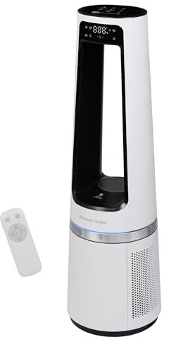 Russell Hobbs Quiet Bladeless Tower Fan & Heater with Remote Control, Touch Control, 85cm Tall, 12 Speed Settings, 12 Hour Adjustable Timer, Oscillating 2kW, White, 2 Year Guarantee RHBLDL25W